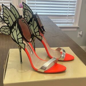Sophia Webster Chiara Mint Butterfly Wing Heels - Neon Orange and Silver
